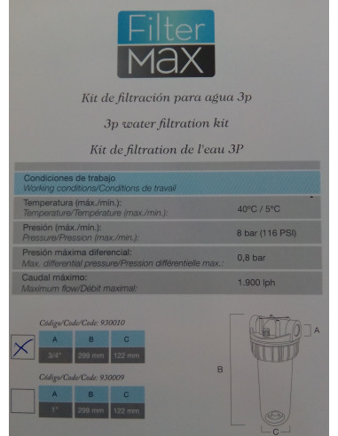 Portafiltros de altura 9 -3/4", rosca Hembra 3/4" y filtro 50 micras