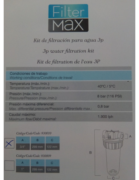 Portafiltres de altura 9 -3/4", rosca Femella 3/4" i filtre 50 micres