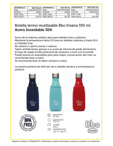 Botella Termo Acero Inox. Irisana...